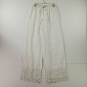 Saint Tropez West Pants Womens M white linen drawstring waist pants lace hem
